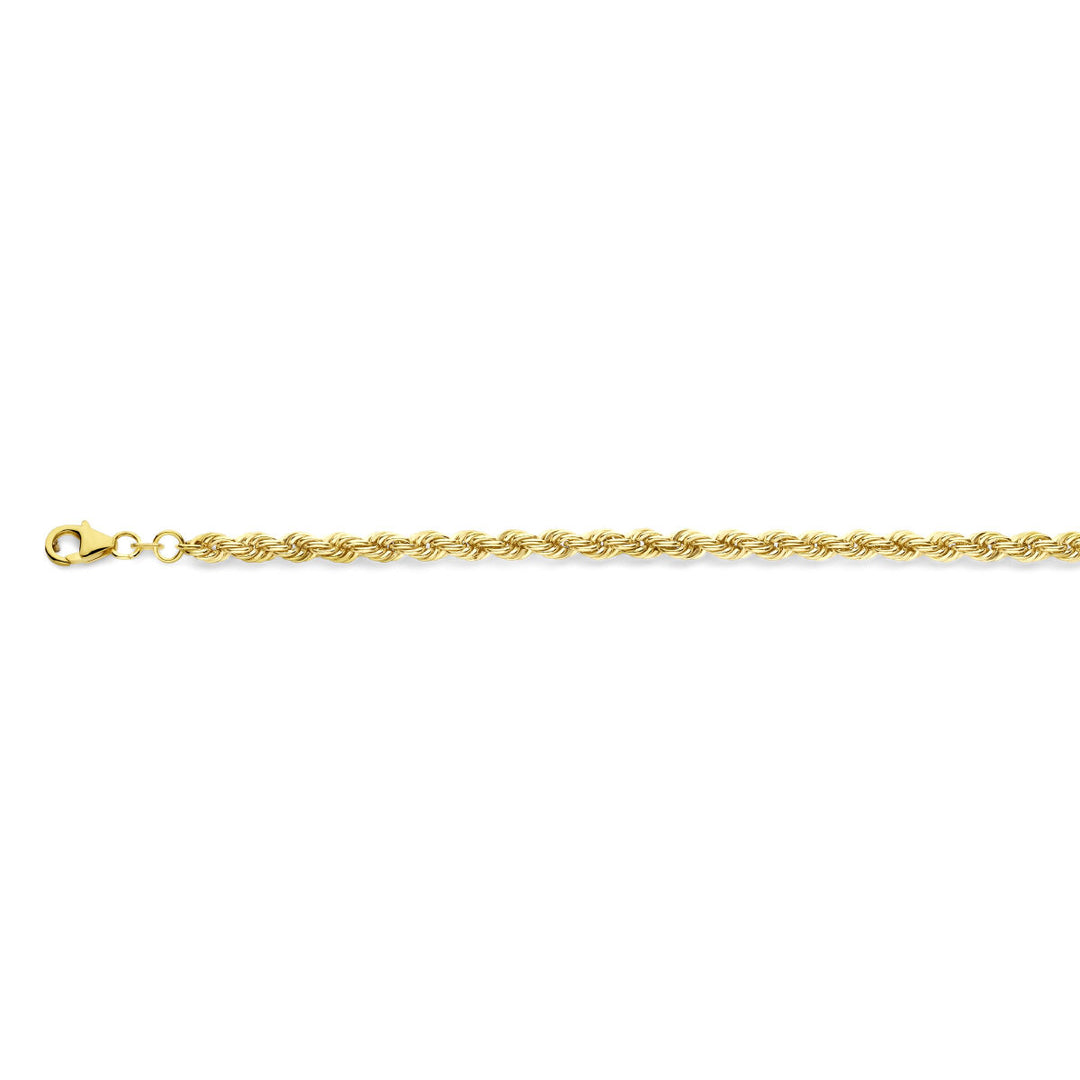 De Van der Kooij Collectie koord 4,4 mm 14K geelgoud unisex armband met karabijn sluiting is horizontaal afgebeeld op een witte achtergrond.