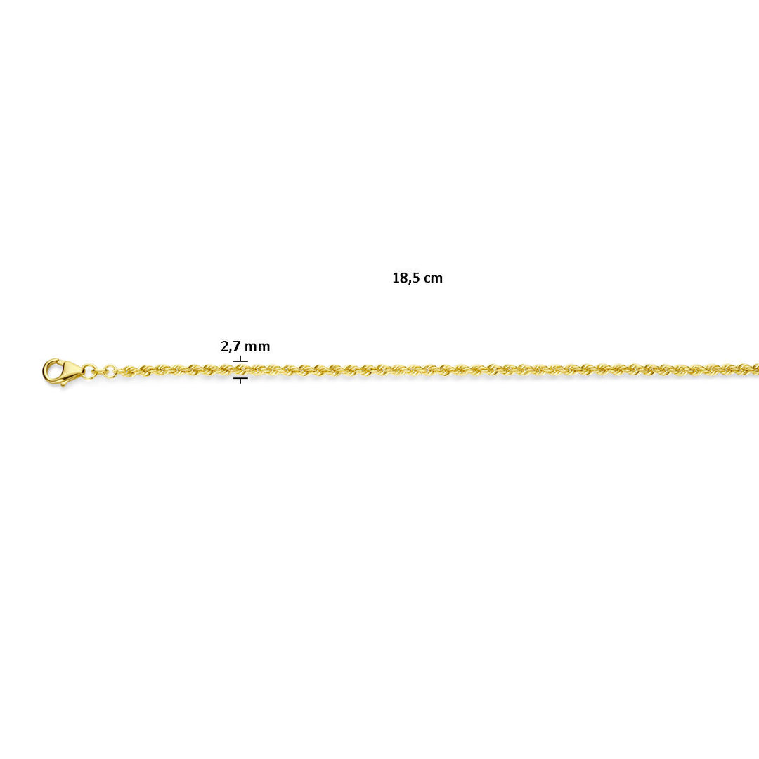 Het Van der Kooij Collectie koord 2,7 mm massief 14K geelgoud unisex armband, 18,5 cm lang met karabijnsluiting schakels, is bijvoorbeeld een rechte schakelketting.