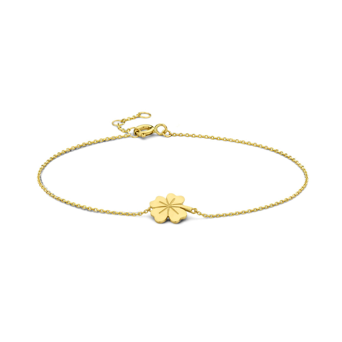 Armband aus 14K Gelbgold mit einem vierblättrigen Kleeblatt als Anhänger und feiner Kette