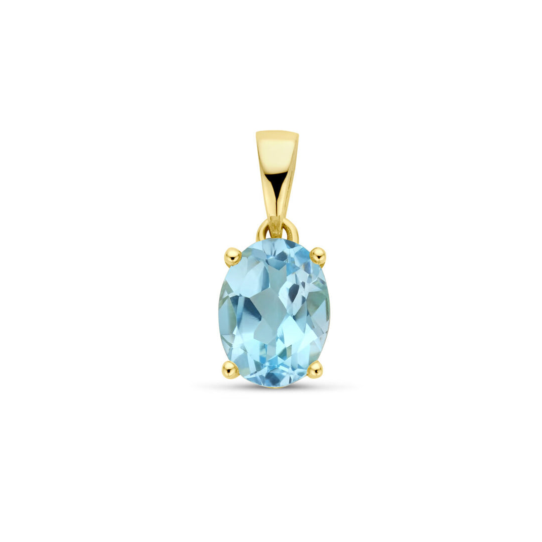 De Van der Kooij Collectie hanger blauw topaas 14K geelgoud heeft een ovaal geslepen blauwe topaas, gezet in vier pootjes en bevestigd aan een eenvoudige gouden borg. Een tijdloos dames sieraad.