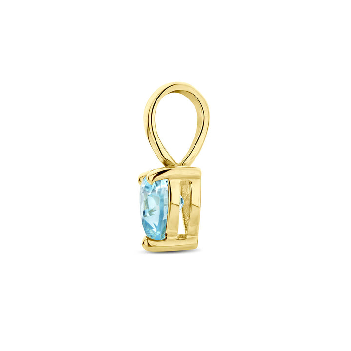 Een 14k geelgouden hanger van Van der Kooij Collectie in de vorm van een hart met synthetische geboortesteen, getoond tegen een witte achtergrond. Een elegant dames sieraad met tijdloze uitstraling.