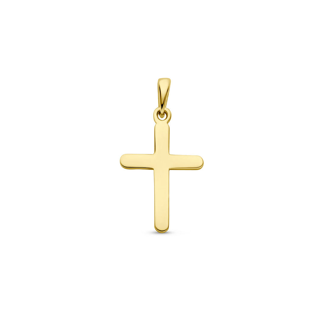 Het Van der Kooij Collectie hanger kruis 14K geelgoud heeft gladde randen en een klein lusje voor bevestiging aan een collier - een tijdloos religie thema-stuk op een effen witte achtergrond.
