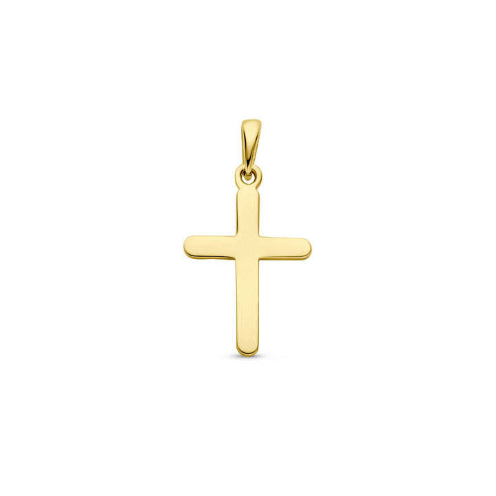 Het Van der Kooij Collectie hanger kruis 14K geelgoud heeft gladde randen en een klein lusje voor bevestiging aan een collier - een tijdloos religie thema-stuk op een effen witte achtergrond.