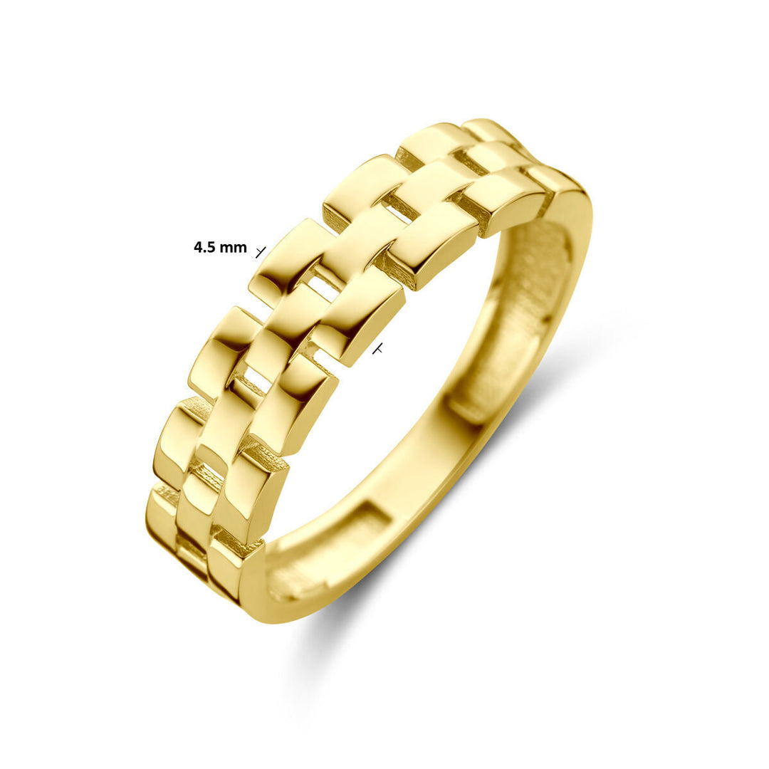 De ring schakel 14K geelgoud van Van der Kooij Collectie heeft een uniek geometrisch ontwerp met rechthoekige schakels. De 4,5 mm brede, glanzend gepolijste band is tijdloos elegant en geschikt als unisex sieraad.