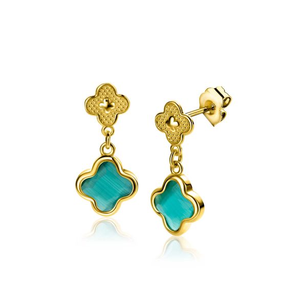 Ohrringe mit goldfarbenem Anhänger in Blumenform und türkisfarbenem Stein.