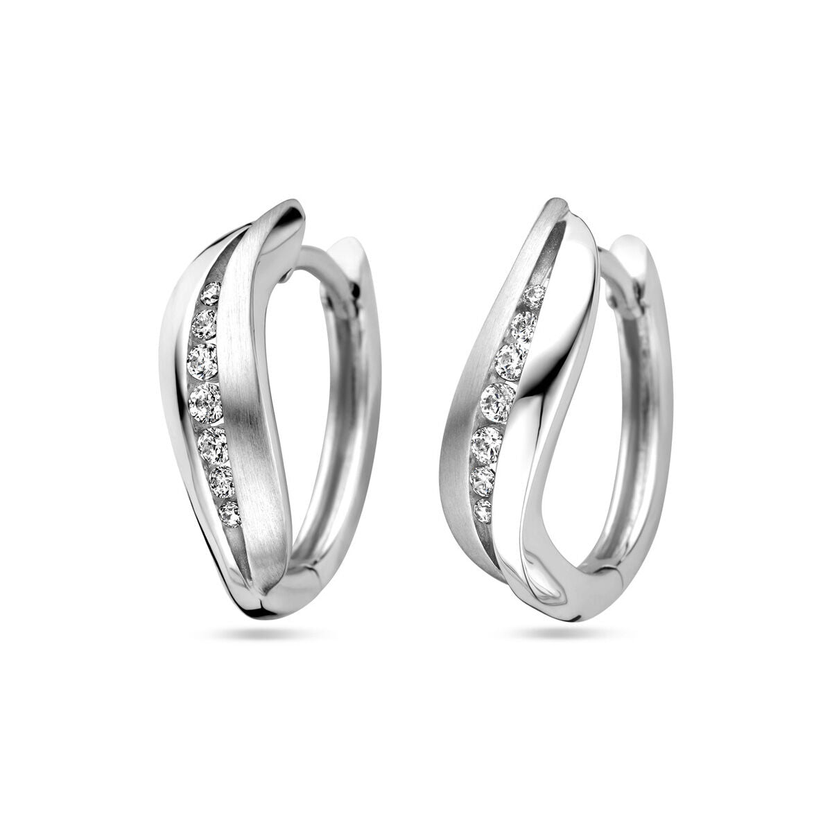 Klapp-Ohrringe aus rhodiniertem Silber mit Zirkonia-Steinen in geschwungener Form