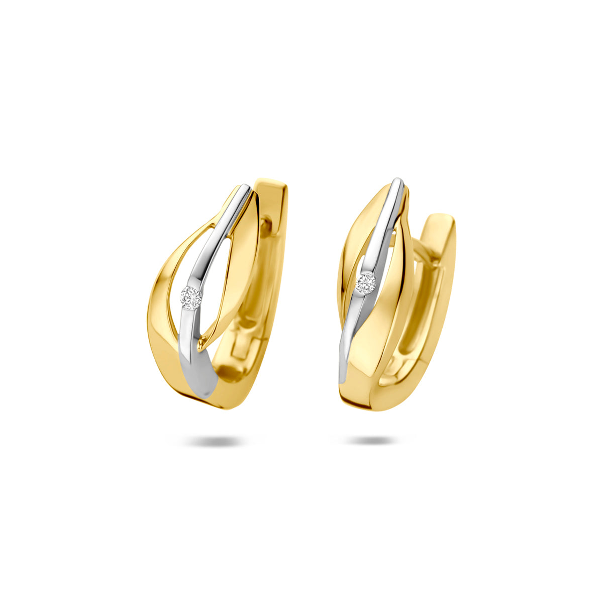 Klapp-Ohrringe aus 14K bicolor Gold in Gelb und Weiß mit einem lab-grown Diamanten von 0,03 ct