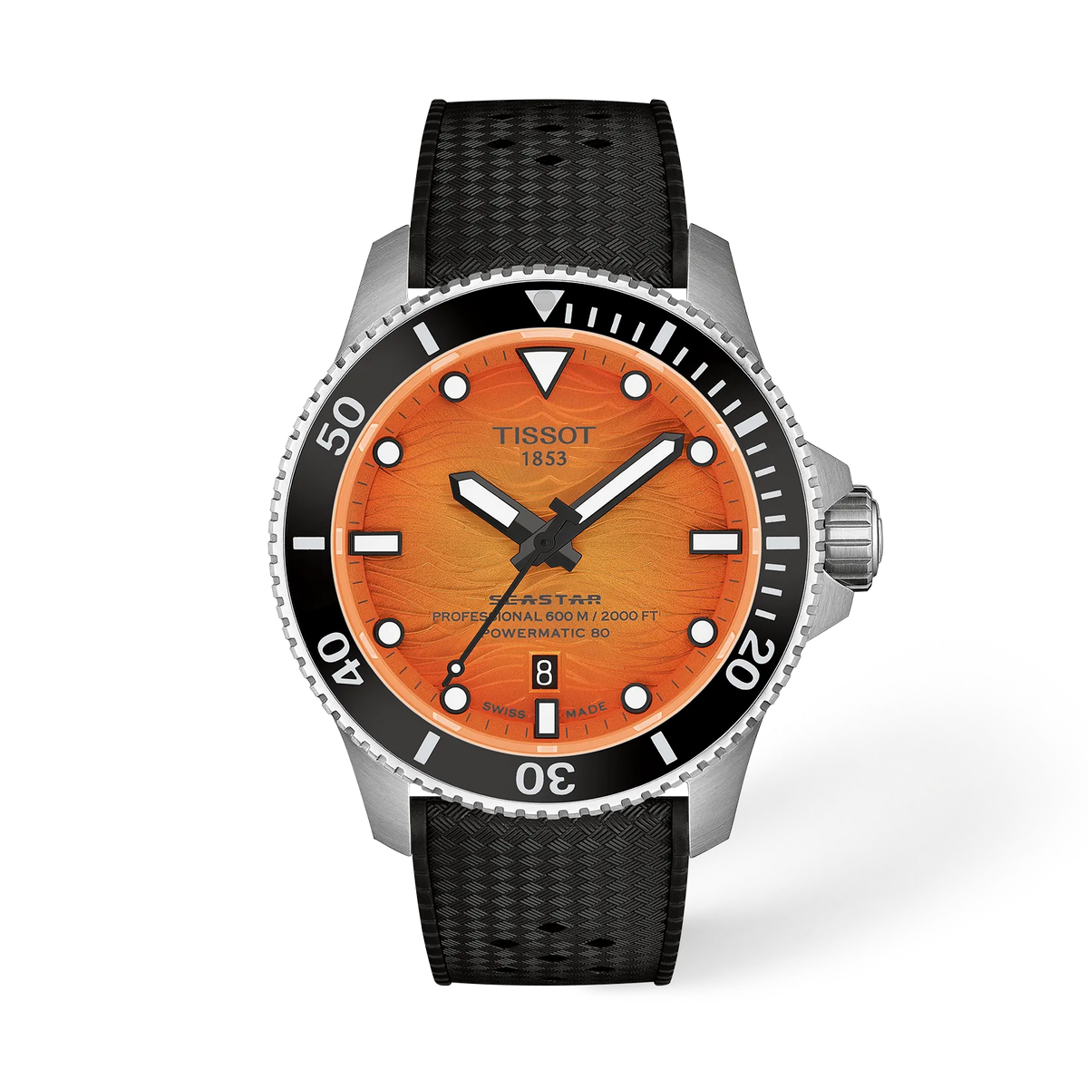 Taucheruhr mit orangefarbenem Zifferblatt, schwarzem Silikonarmband und Edelstahlgehäuse