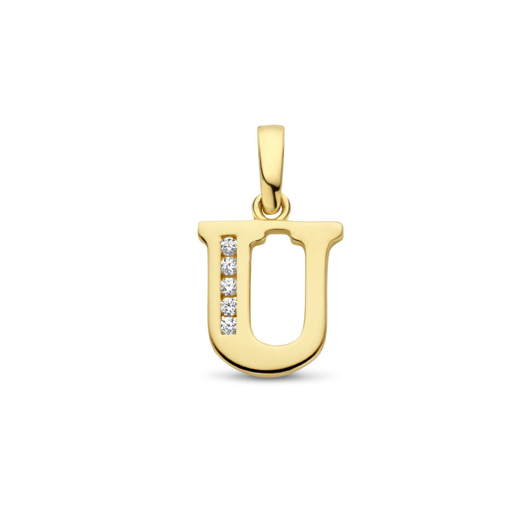 De Van der Kooij Collectie hangletter zirkonia 14K geelgoud, in de vorm van een U met een verticale rij fonkelende zirkonia's aan de linkerkant, is afgebeeld tegen een effen witte achtergrond.