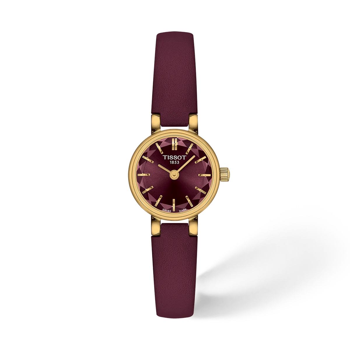 Uhr mit rotem Zifferblatt, goldfarbenem Gehäuse und lila Lederarmband