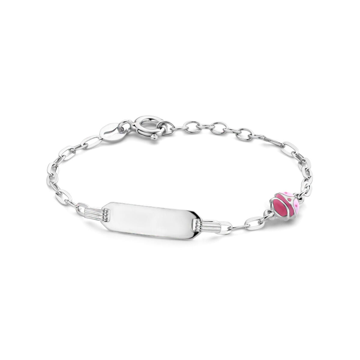 Graveerarmband aus rhodiniertem Silber mit 5,0 mm Plakette und pinkem Marienkäfer-Anhänger