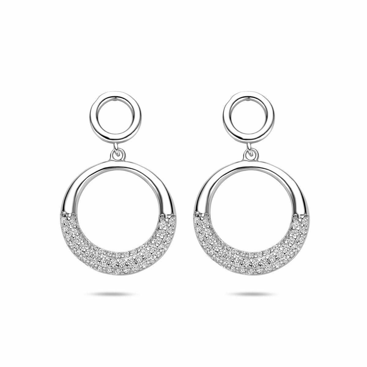 Silberne Ohrhänger aus rhodiniertem 925 Silber mit Zirkonia, kreisförmiges Design und funkelnder Oberfläche