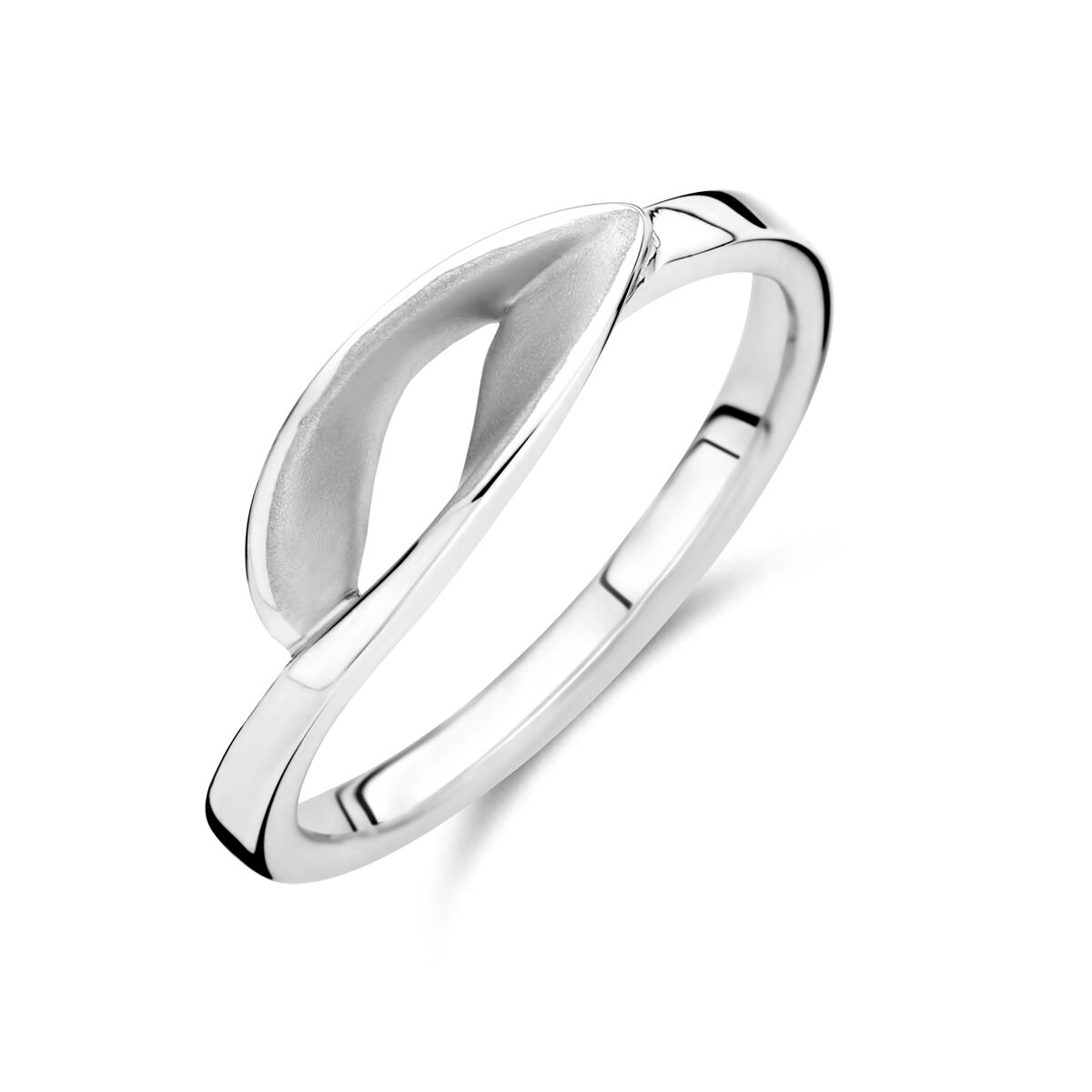 Ring aus rhodiniertem 925 Silber mit polierter und matter Oberfläche in geschwungener Form