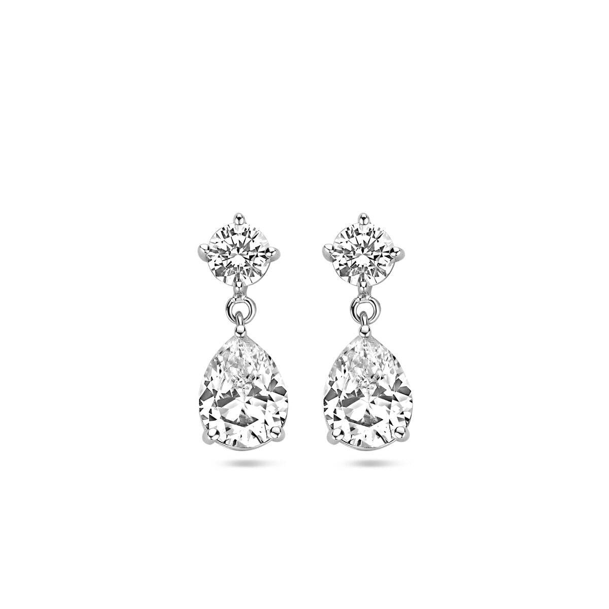 Ohrhänger aus rhodiniertem Silber mit Zirkonia, 20 mm lang, tropfenförmige Anhänger.