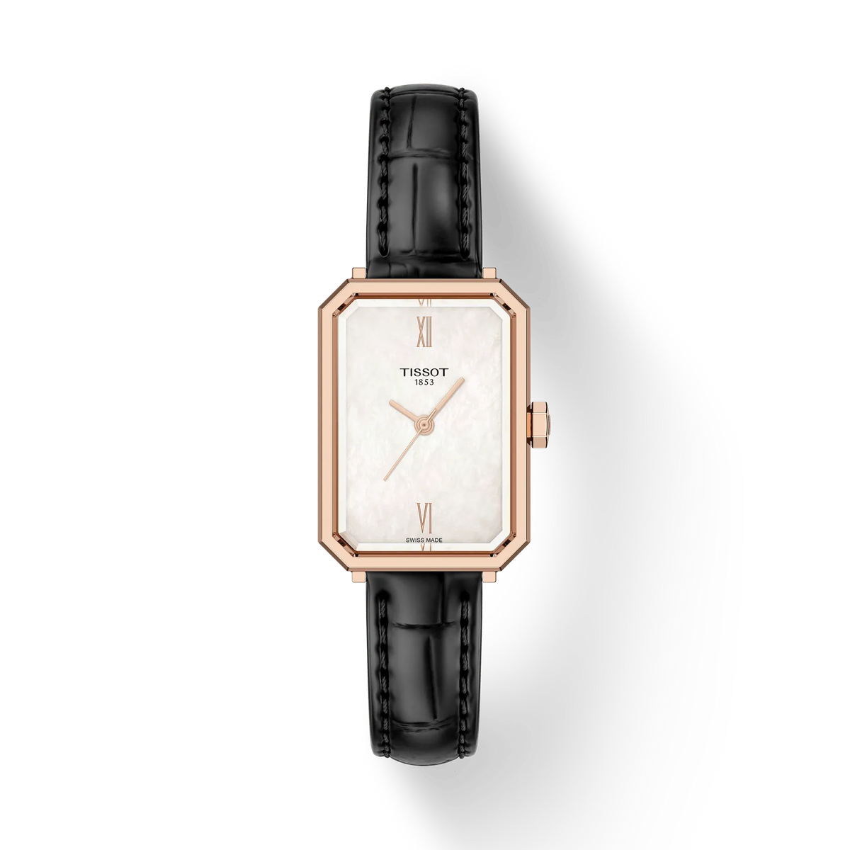 Uhr mit rechteckigem Gehäuse in Roségold und schwarzem Lederarmband, mit weißem Zifferblatt und römischen Ziffern