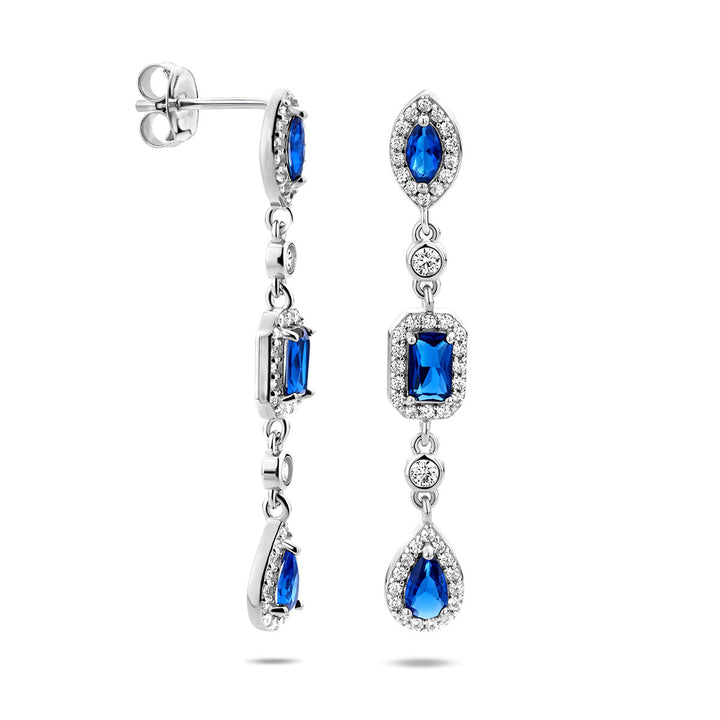 Ohrringe weiß und blauer Saphir, Silber rhodiniert