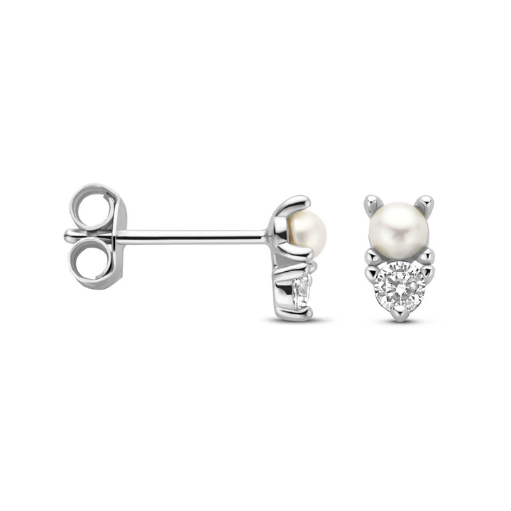 oorknoppen parel en zirkonia zilver gerhodineerd