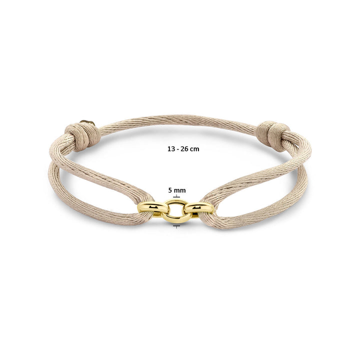 Beige satijnen armband (13-26 cm) van Van der Kooij Collectie, gemaakt van rubber/nylon/leer met verstelbaar koord en dubbele lussen, afgewerkt met een klein 14K gouden slotje (5 mm breed), dames design.