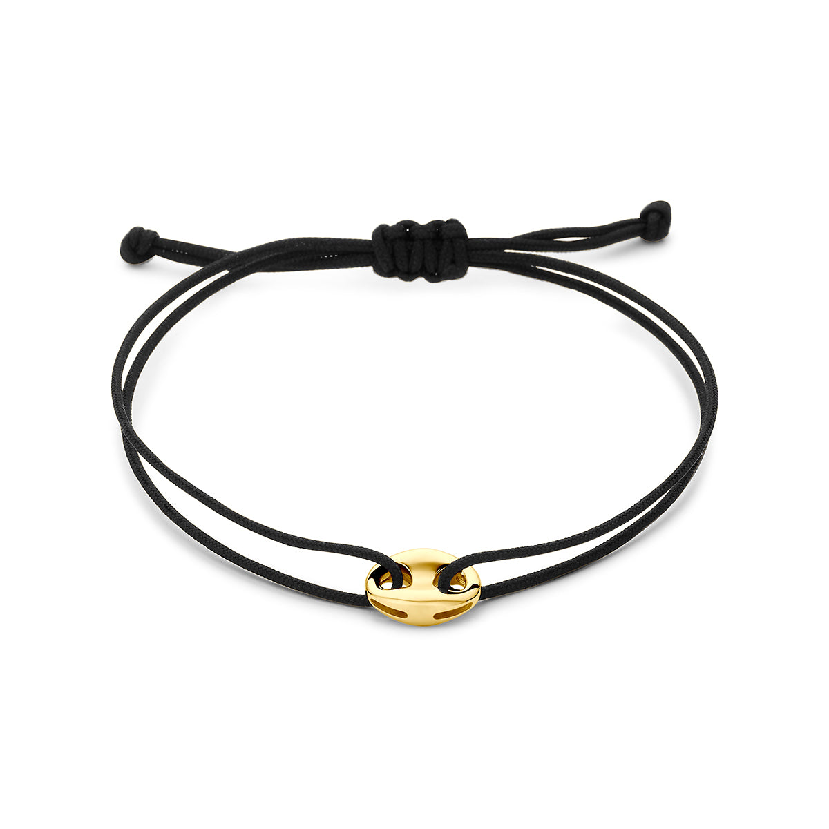 Schwarzes Polyesterarmband mit goldener Kaffeebohne und verstellbarem Verschluss aus Gummi/Nylon.