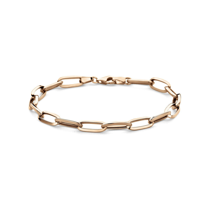De armband closed forever 5,8 mm 19 cm in 14K roségoud van Van der Kooij Collectie is elegant vormgegeven met langwerpige paperclip schakels, stijlvol gepresenteerd op een witte achtergrond.