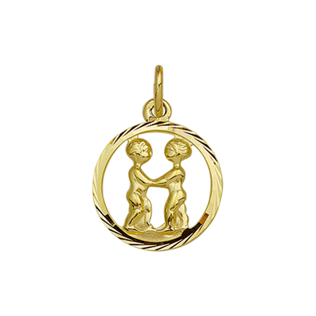 De Van der Kooij Collectie hanger sterrenbeeld gediamanteerd 14K geelgoud is een gouden hanger met twee identieke figuren voor Tweelingen, een gestructureerde rand en een kettinglus - perfect als unisex dierenriemhanger.