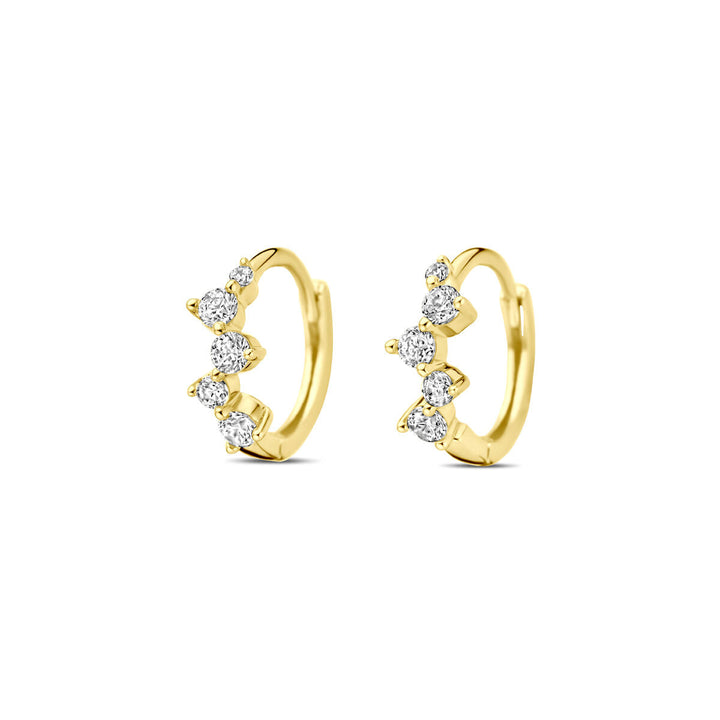 Van der Kooij Collectie klapoorringen zirkonia 10,5 mm van 14K geelgoud, elk met drie ronde witte zirkonia aan de voorkant, gepresenteerd op een eenvoudige witte achtergrond.