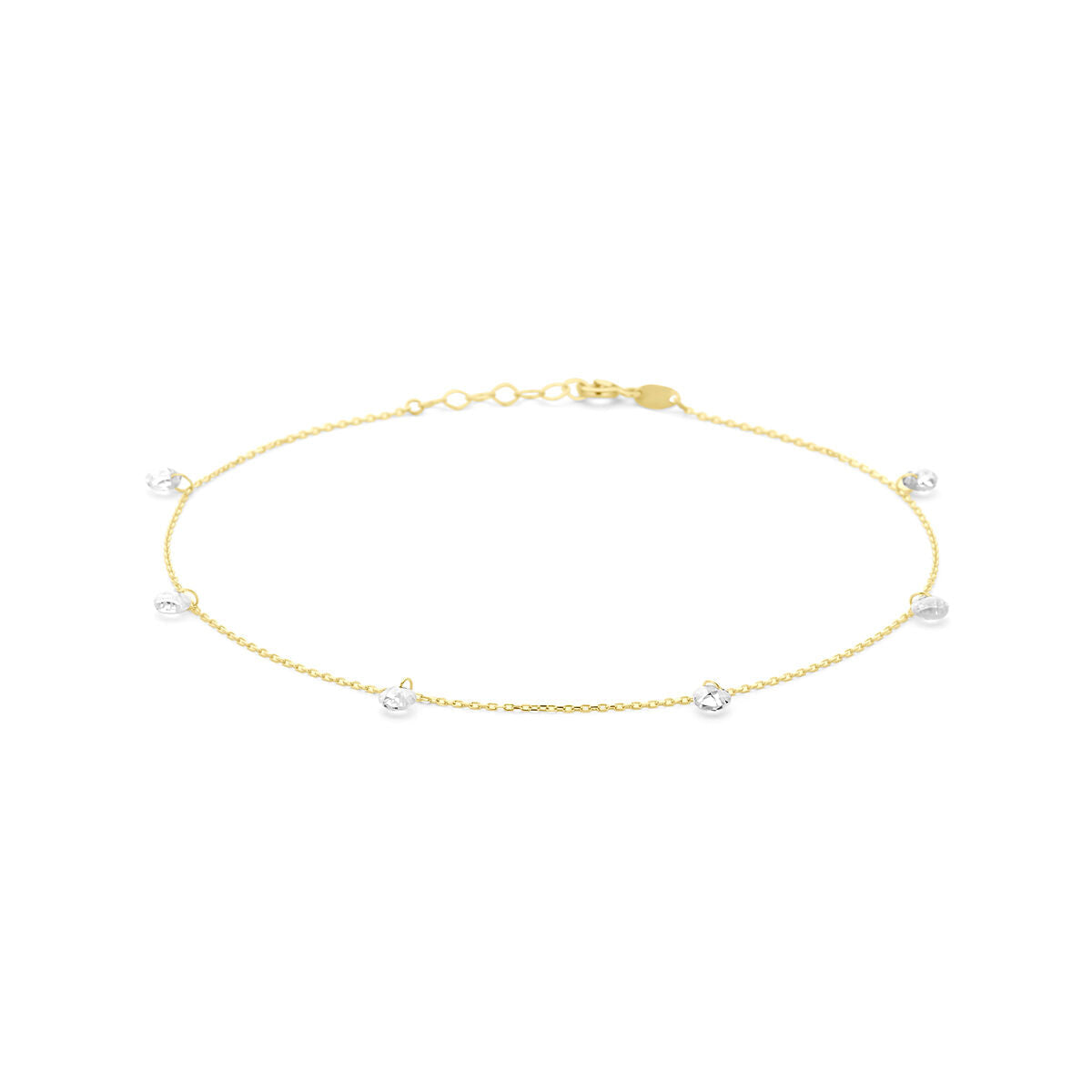 Anklet aus 14K Gelbgold mit fünf Zirkonia-Steinen, Länge 24 + 2 cm