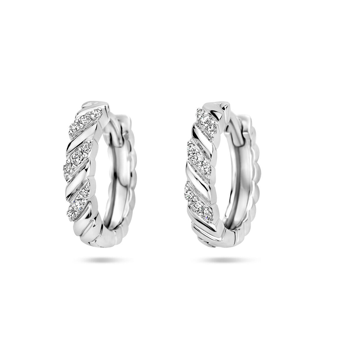 Klapp-Ohrringe aus rhodiniertem Silber mit Zirkonia-Steinen in geschwungener Form