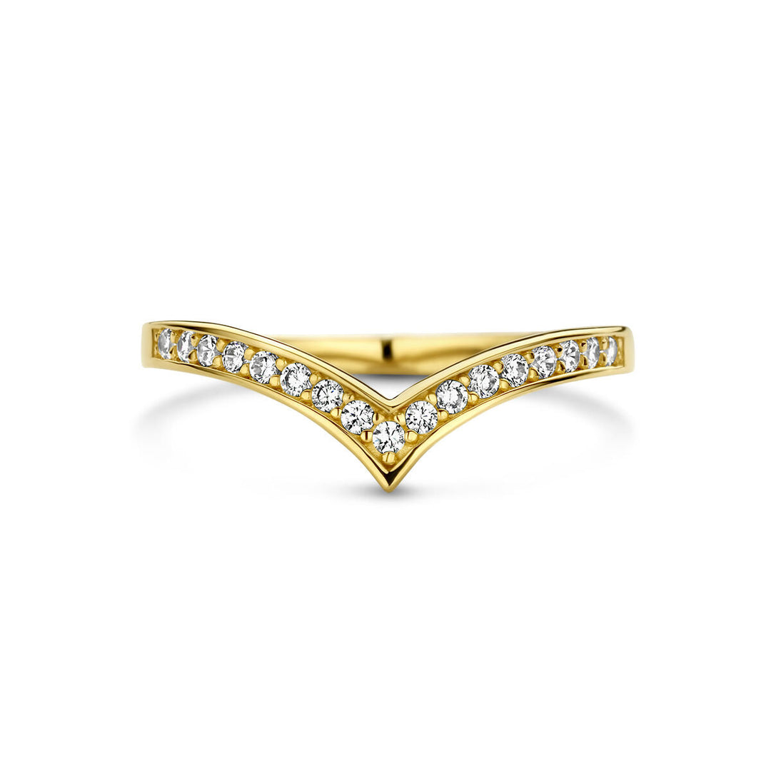 De ring v zirkonia 14K geelgoud van Van der Kooij Collectie is een visgraatvormige ring van 14k geelgoud, met een rij zirkonia stenen langs de bovenste V voor een elegante look.
