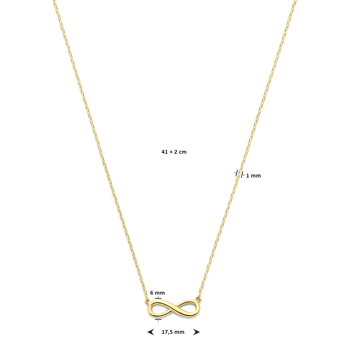 Het Van der Kooij Collectie collier infinity 41 + 2 cm 14K geelgoud is een delicaat dames sieraad met een dunne ketting en kleine infinity hanger (17,5 x 6 x 1 mm).