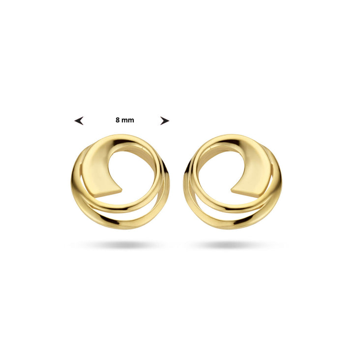 Van der Kooij Collectie oorknoppen rondje 14K geelgoud met abstract, verstrengeld ontwerp en ronde vorm van 8 mm, getoond op een witte achtergrond.