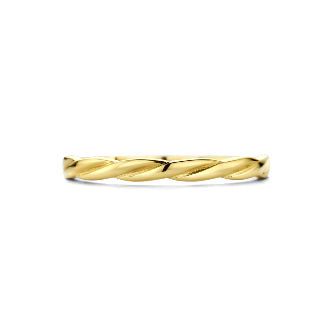 De Van der Kooij Collectie ring gedraaid 14K geelgoud is een dunne, gedraaide damesring in touwstijl, elegant weergegeven tegen een witte achtergrond.