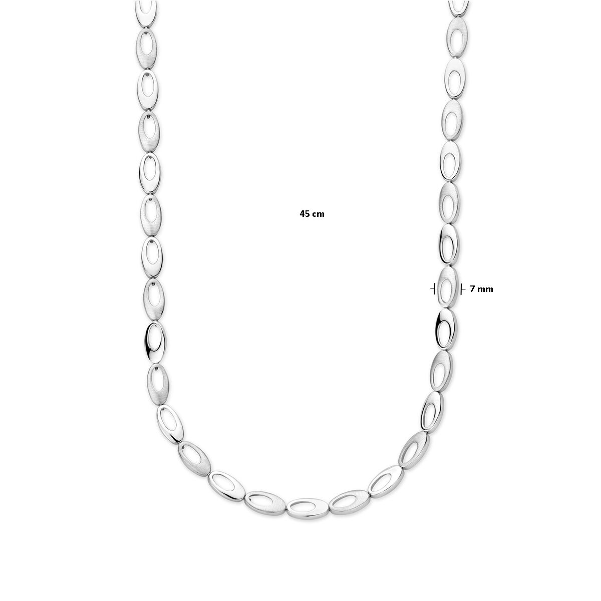 Van der Kooij Collectie collier: gerhodineerd zilver, poli/mat afgewerkt, 7,0 mm breed en 45 cm lang. Fraai gepresenteerd in een lus op witte achtergrond met duidelijke maataanduidingen.
