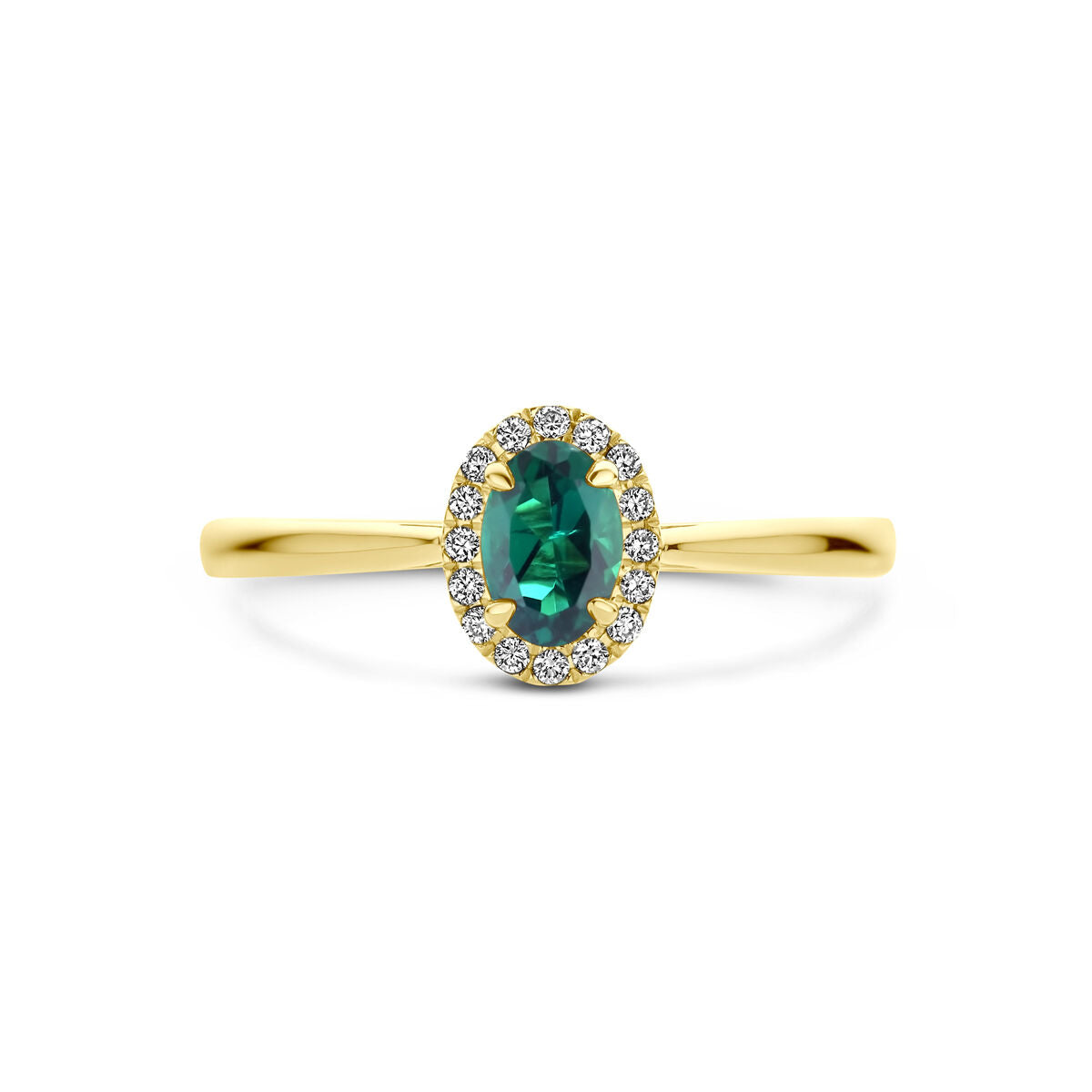De Van der Kooij Collectie ring heeft een labgekweekte smaragd met een halo van 0,075ct H SI diamant in 14K geelgoud, afgebeeld op een witte achtergrond.