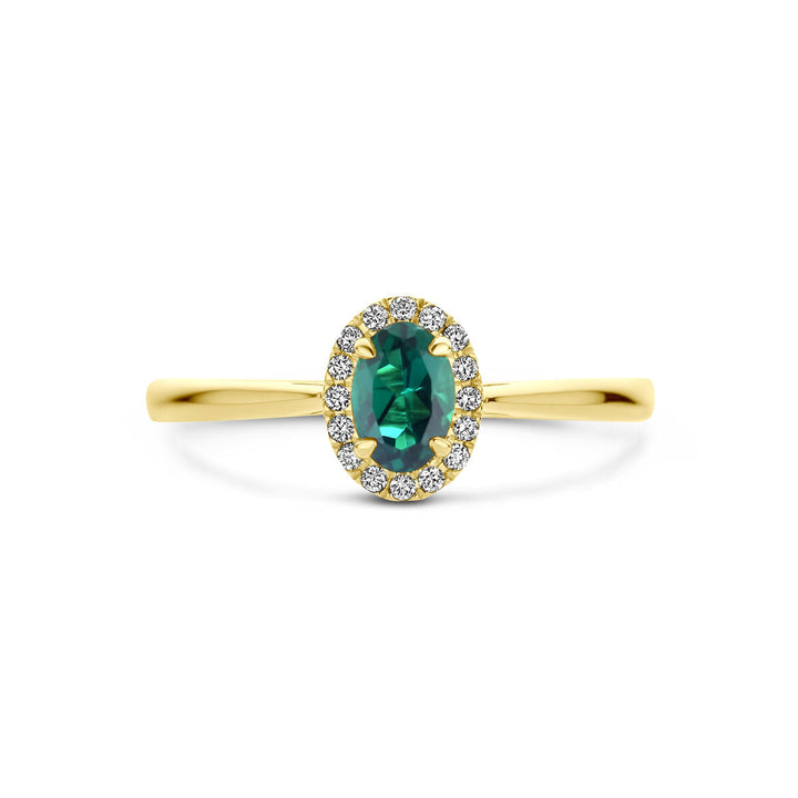 De Van der Kooij Collectie ring heeft een labgekweekte smaragd met een halo van 0,075ct H SI diamant in 14K geelgoud, afgebeeld op een witte achtergrond.