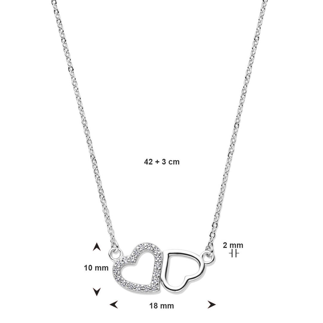 Halskette Herzen Zirkonia 42 + 3 cm Silber rhodiniert