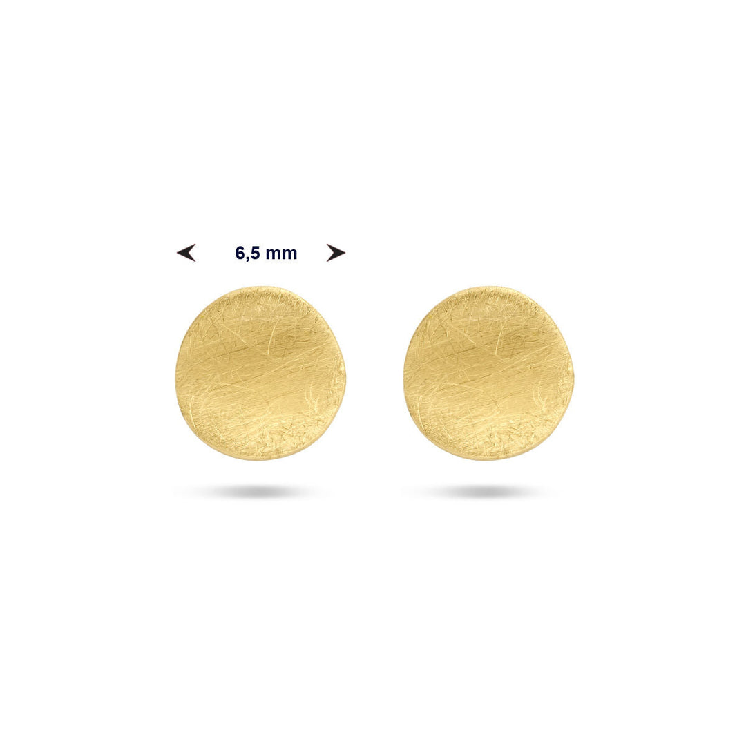 Twee ronde, platte oorknoppen kras 14K geelgoud van Van der Kooij Collectie worden naast elkaar getoond met een pijl met dubbele kop erboven, met een diameter van 6,5 mm - perfect voor fans van tijdloze schoonheid en elegante sieraden.