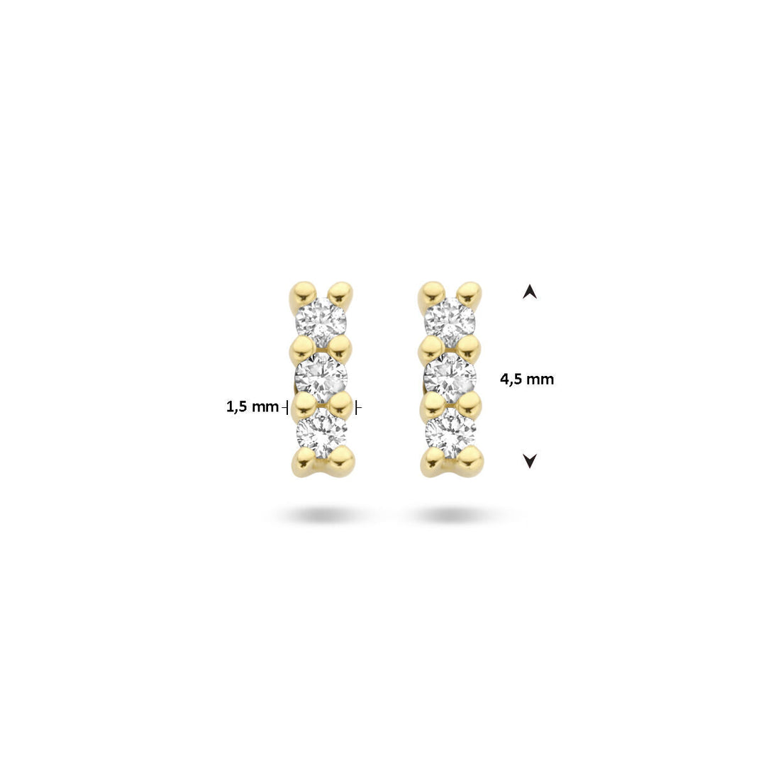 Van der Kooij Collectie oorknoppen in 14K geelgoud, elk bezet met 2 diamanten (0,05ct totaal, H/P1). Deze elegante oorbellen meten 1,5 mm breed en 4,5 mm hoog.