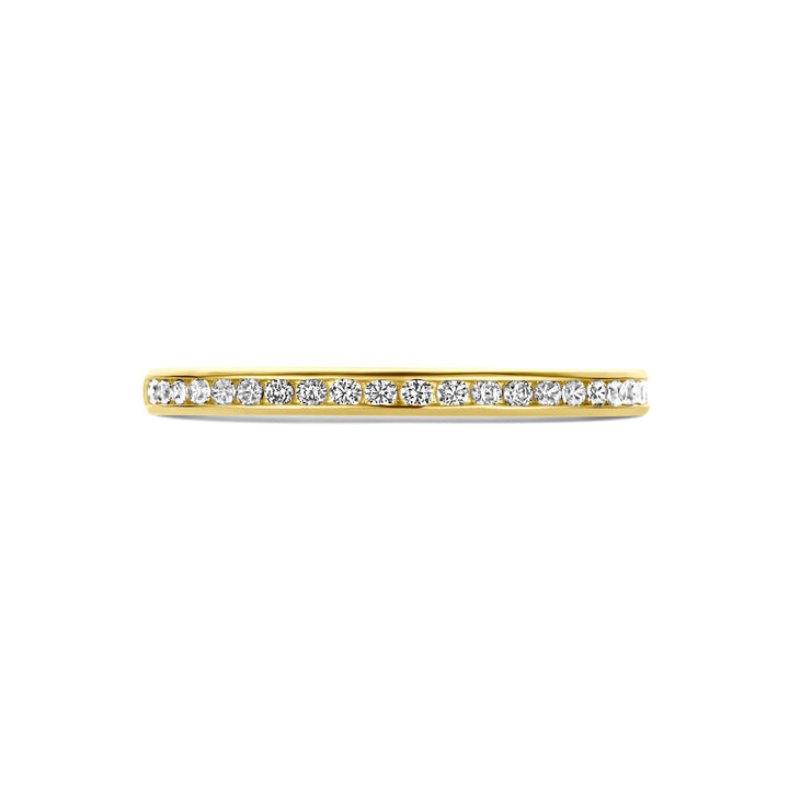 Aanschuifring zirkonia 14K geelgoud van Van der Kooij Collectie, met een rij transparante zirkonia langs de bovenzijde van de band, getoond tegen een witte achtergrond.