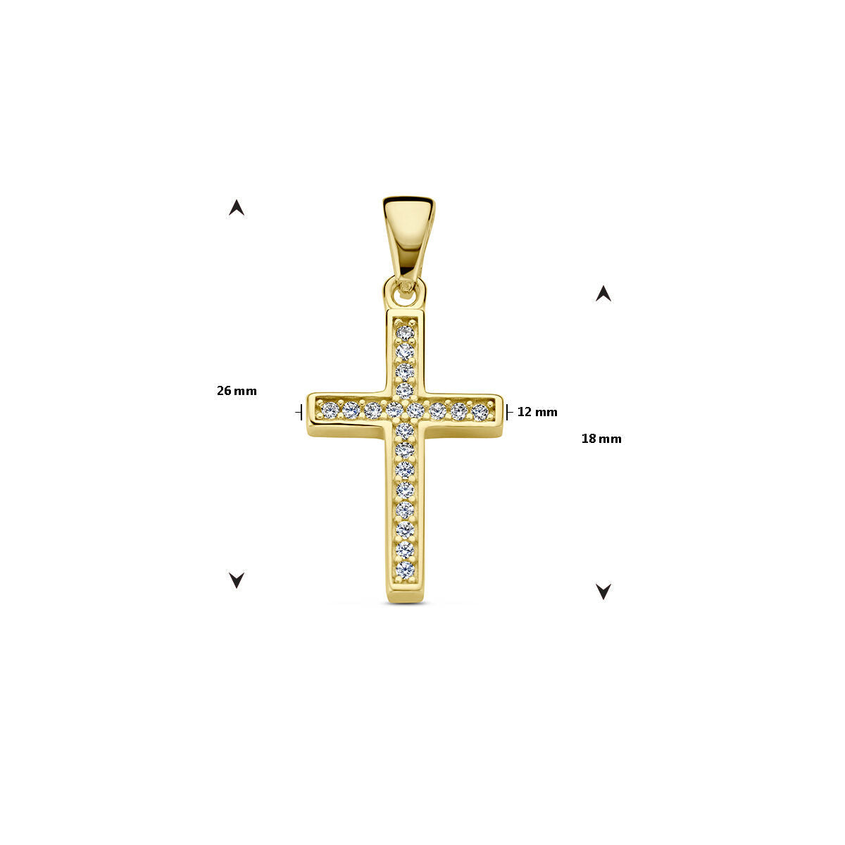 De 14K geelgouden hanger kruis zirkonia van Van der Kooij Collectie is een uniseks sieraad van 26 mm hoog (met oog), 12 mm breed en 18 mm hoog (zonder oog), omringd door maataanduidingen.
