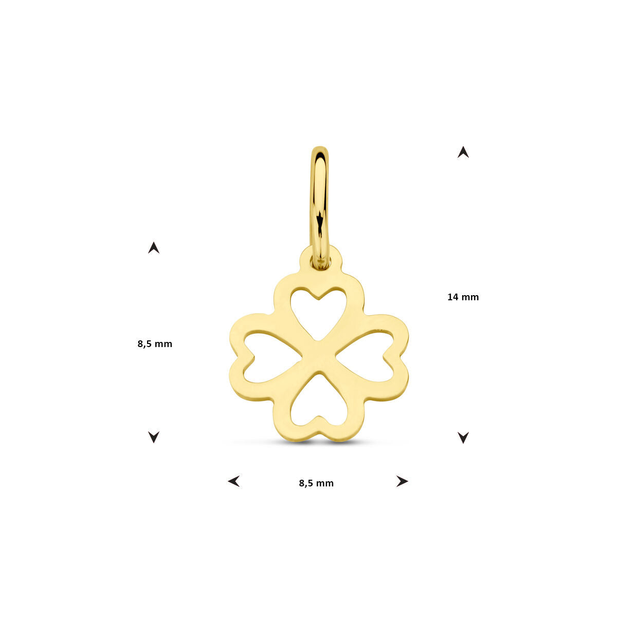 De hanger klaver 14K geelgoud van Van der Kooij Collectie is een gouden klavertjevier bedel met hartvormige uitsparingen, die geluk symboliseren. Hij is 14 mm hoog, 8,5 mm breed en heeft een klein rond oogje voor eenvoudige bevestiging.