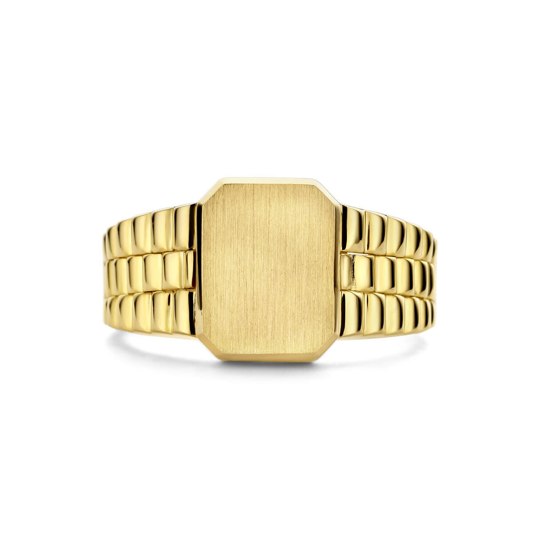 De graveerring gematteerd 14K geelgoud uit de Van der Kooij Collectie is een stijlvolle herenring met een rechthoekig, geborsteld middenstuk en gepolijste, gegroefde band-perfect als gouden zegelring voor heren.