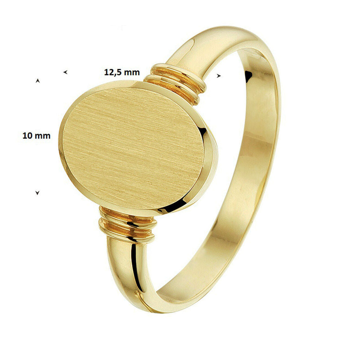 Een massief mat gediamanteerde 14K geelgouden graveerring van de Van der Kooij Collectie, met een vlak, ovaal front van 12,5 x 10 mm en decoratieve banden aan beide zijden.