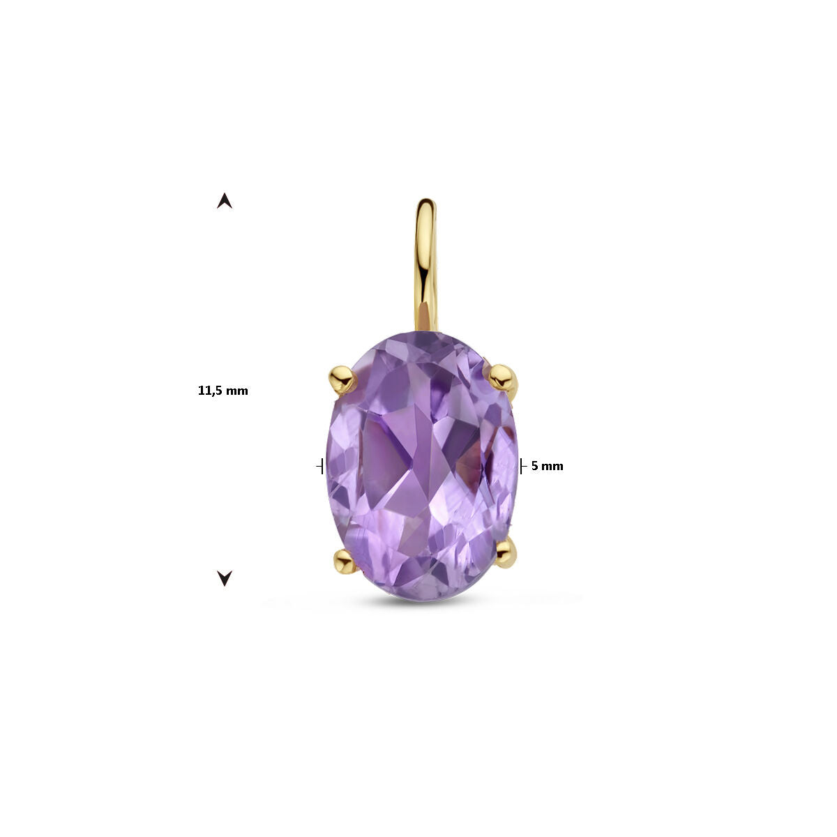 De Van der Kooij Collectie hanger amethist 14K geelgoud heeft een ovaal geslepen amethist hanger met geelgouden pinnen en oog, afgebeeld op een witte achtergrond met afmetingen van 11,5 mm (verticaal) en 9 mm (horizontaal).