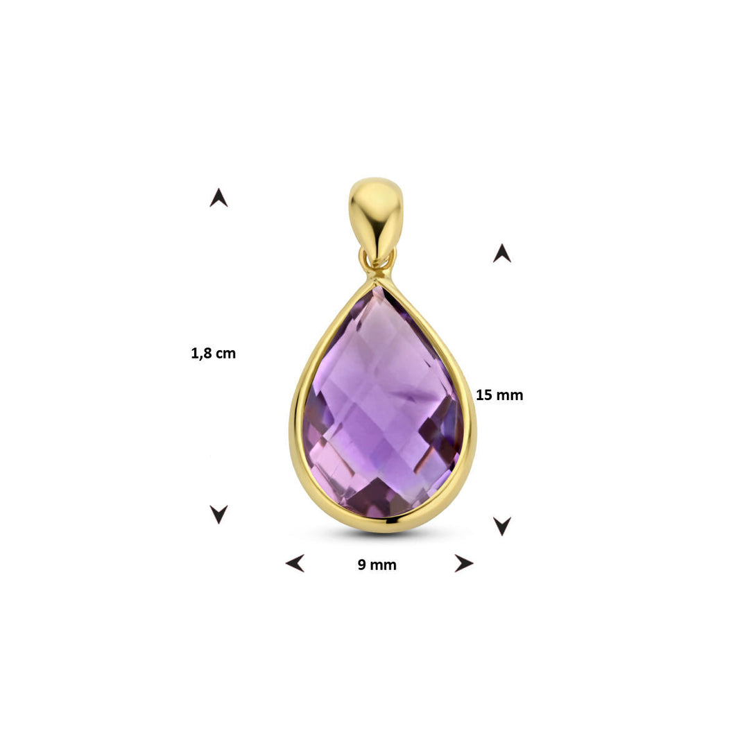 Van der Kooij Collectie hanger amethist 14K geelgoud: Druppelvormige, gefacetteerde paarse amethist in geelgoud. Afmetingen: 1,8 cm hoog, 15 mm breed (midden), 9 mm (basis). Afgebeeld op een witte achtergrond, geïnspireerd op de elegantie van Van der Kooij.