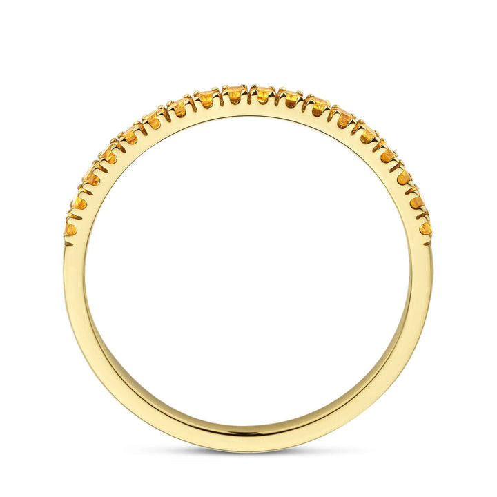 Deze elegante dames sieraad is de Van der Kooij Collectie ring met geboortesteen citrien november in 14K geelgoud, met kleine citrien edelsteentjes langs de bovenste helft van de band.