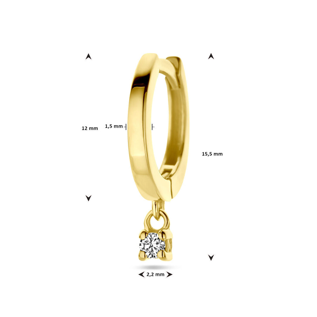 De Van der Kooij Collectie klapoorring diamant 0,06ct H SI per stuk is een 14K geelgouden oorbel met een diameter van 12 mm, een hoogte van 15,5 mm, een breedte van 2,2 mm en een banddikte van 1,5 mm- een elegante keuze.
