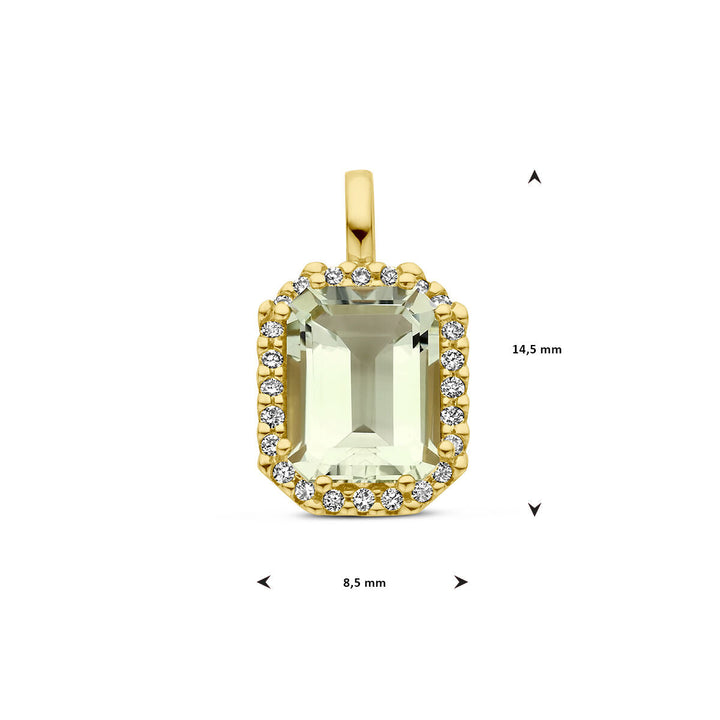 Anhänger grüner Amethyst und Diamant 0,10 ct h Si Halo 14 K Gelbgold