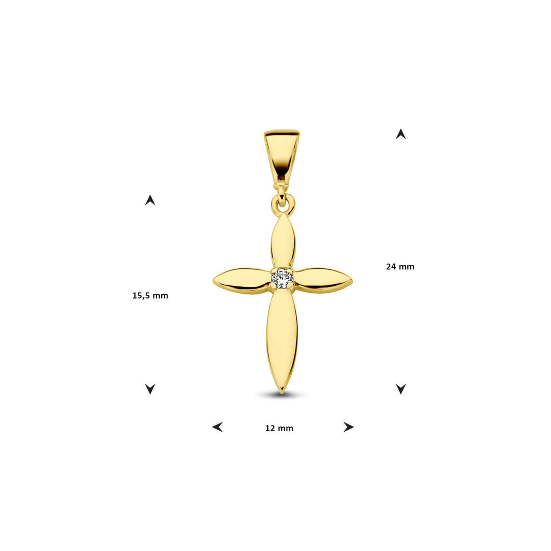De Van der Kooij Collectie hanger kruis zirkonia 14K geelgoud heeft bloemvormige armen, een zirkonia in het midden, en meet 24 x 12 mm. Een tijdloos uniseks sieraad, perfect voor elke gelegenheid.