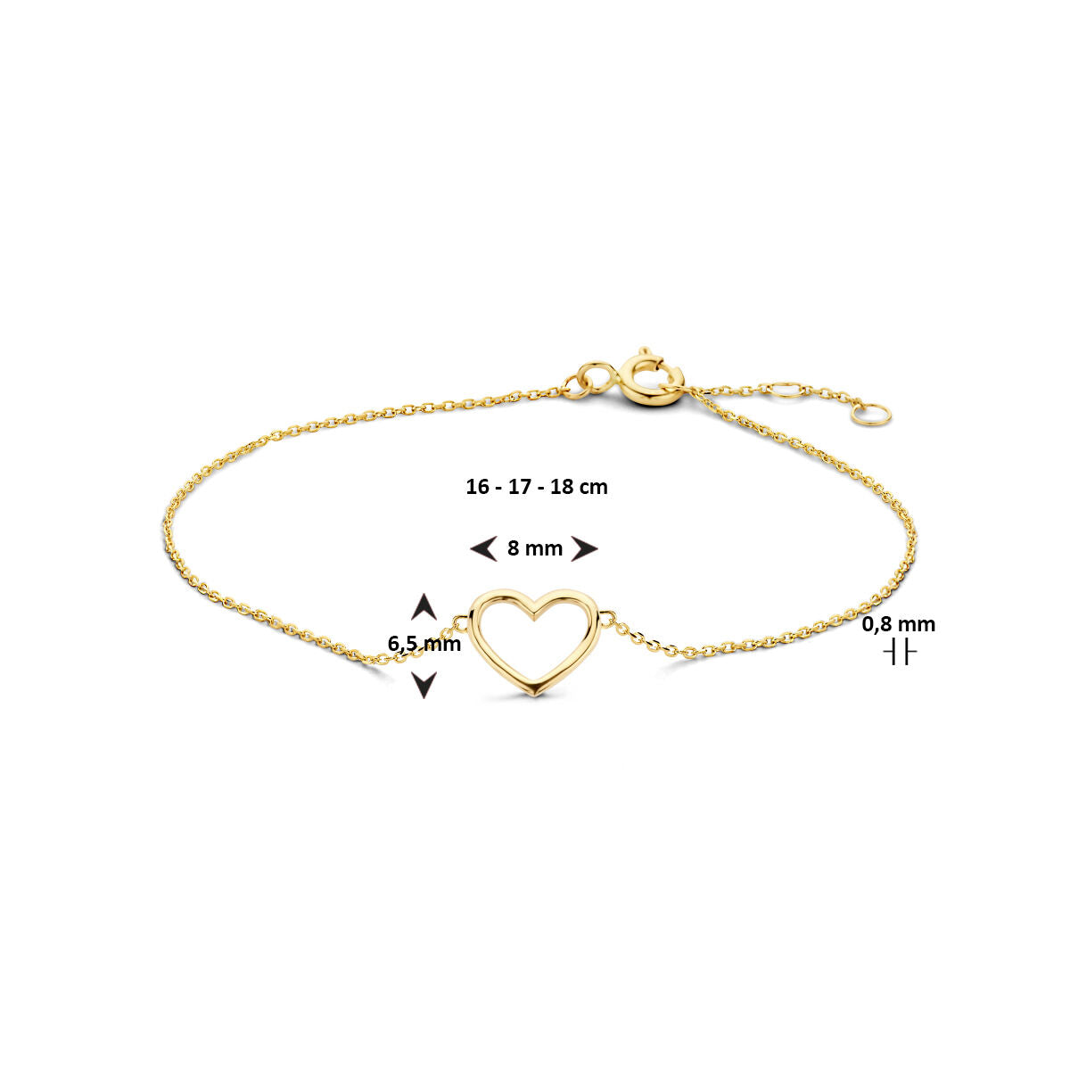 De Gouden armband dames hart 14K van Van der Kooij Collectie heeft een open hartje (8x6,5 mm) in het midden, fijne ketting van 0,8 mm dik en is verstelbaar van 16-18 cm.